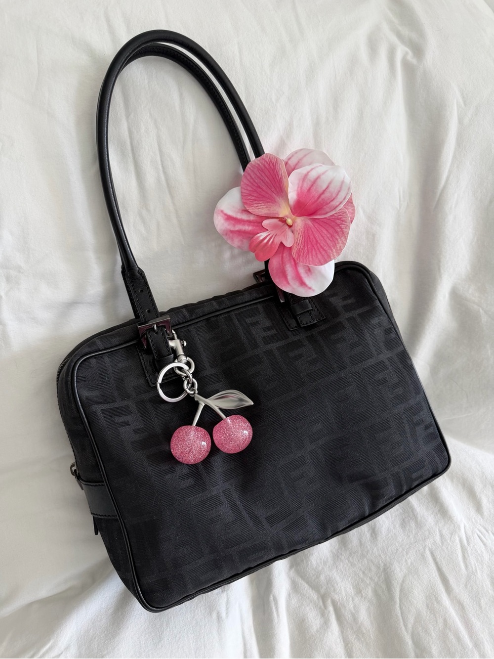 authentic Vintage Black Fendi Zuccino Shoulder Bag